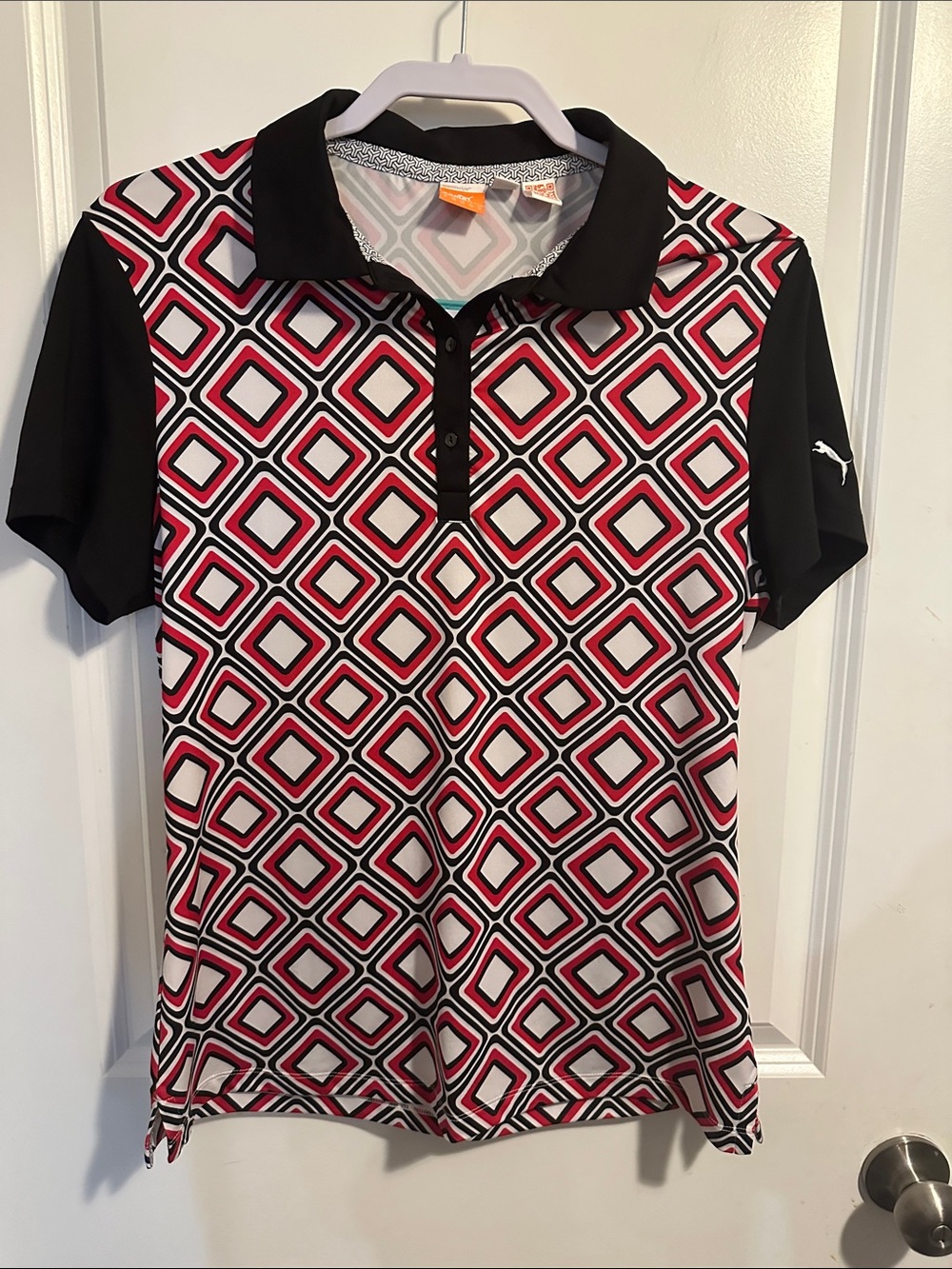 Puma Black, White & Red Geometric Short Sleeve Polo